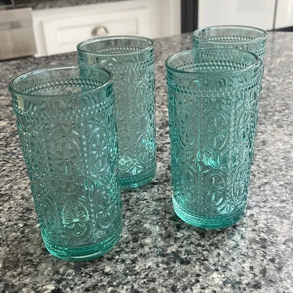A set of 4 Decorative Tall Glasses in bluish green. 5.5” tall. New! - Picture 2 of 4